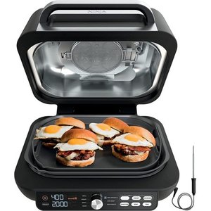 lot 20146 image: Ninja IG651 Foodi Smart XL Pro 7-in-1 Indoor GrillGriddle Combo, use Opened or Closed, Air Fry, Dehydrate & More, Pro Power Grate, Flat Top, Crisper, Smart Thermometer, Black - Retail $225