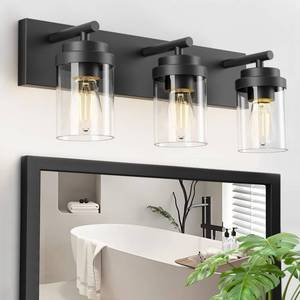 lot 20160 image: IZORRO Bathroom Vanity Light Fixture, 3-Light 22 Inch Matte Black Bathroom Light Fixtures Over Mirror, with Clear Glass Shade, Modern Farmhouse Vanity Lights, Rustic Restroom Lighting Fixtures - Retail $47