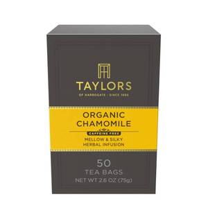 lot 20179 image: Taylors of Harrogate Organic Chamomile, Herbal Tea, Pillow Tea Bags, 50 Count (Pack of 6), Mellow, Silky & Soft, Caffeine-Free, Enjoy Hot or Iced, 300 Teabags Total - Retail $37