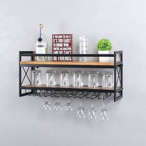 lot 20192 image: MBQQ Wine Rack Stemware Glass Rack,Industrial 2-Tier Wood Shelf,30 Wall Mounted Wine Racks with 7 Glass Holder for Wine Glasses,Mugs,Home Decor,Black - Retail $69