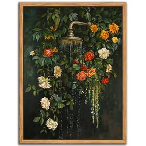 lot 20215 image: Floating Framed Floral Shower Wall Art, Vintage Botanical Flower Canvas Print, Romantic Garden Roses and Waterfall Painting, Nature Inspired Bathroom Wall Decor for Home Living Room 16x24 inch - Retail $49