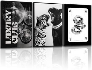 lot 20220 image: 3Pcs Trendy Pink Leopard Wall Art Preppy Lucky 8 Ball Poster Printing Artwork Y2k Coquette Funky Cheetah Aesthetic Room Decoration for College Apartment, Girls Bedroom Dorm Scene Home Decor (Fashion Black and White Canvas, 16X24inch, Framed) - Retail $61