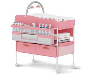 lot 20227 image: Diaper Changing Station, Portable Changing Table for Baby, Diaper Changing Table with Storage Drawers, Waterproof Baby Changing Station with Wheels and Adjustable Height for Newborn Infant (Pink) - Retail $99