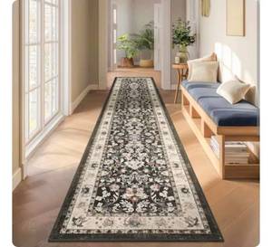 lot 20251 image: OMOMMD Black 2 x 10 Runner Washable Non Slip Boho Floral Runner Rug Soft Faux Low Pile Hallway Kitchen Entryway Carpet - Retail $80