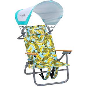 lot 20259 image: 5-Position Reclining Backpack Beach Chair with Canopy Headrest Cooler Bag Cup Holder Towel Bar Storage Pouch Wooden Armrests Aluminum Frame Supports 400 lbs Foldable for Adults Camping Travel - Retail $99