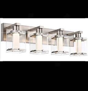 lot 20297 image: WINSHEN 4-Light Brushed Nickel Bath Vanity Lighting 3000K-6000K 5-Color Temperature, Modern Dimmable Bathroom Light Fixture Over Mirror with Clear Glass Shade & Frosted Coloum - Retail $190