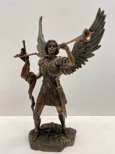 lot 20300 image: 13 Inch Archangel - Saint Gabriel with Horn Cold Cast Bronze Figurine - Retail $95