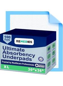 lot 20307 image: Remedies Large Disposable Bed Pads for Incontinence, 30 X 36, 100 CountAbsorbent Adult Chucks Pads Underpads for Seniors & Kids - Use on Beds & Furniture - Retail $69
