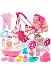 lot 20315 image: Qirptey Baby Doll Stroller Set Toys for Girls Toddlers 3-5 4-6 5-7Baby Doll Playset with 11 Doll, Bathtub and 20PCS Baby Doll Accessories, Stroller  - Retail $39