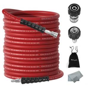 lot 20316 image: Pressure Washer Hose 100FT x 38 Inch Quick Connect, Kink Resistant High Tensile Wire Braided,with M22 14mm Adapter Set, Hot and Cold Water Power Washer Hose, 4000 PSI - Retail $59