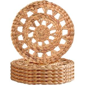 lot 20352 image: MIXUMON Woven Placemats Round, Natural Water Hyacinth Wicker Placemat for Dining Table, Large Handmade Woven Placemats Heat Resistant Non-Slip (14 - Set of 6) - Retail $33