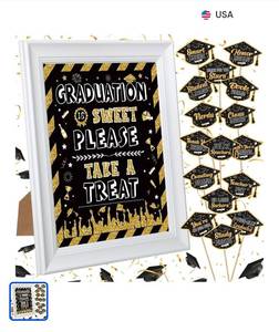 lot 20365 image: Hoolerry 21 Pcs Graduation Candy Bar Signs Buffet Labels Set 10 Inch Grad Party Buffet Table Sign with Frame Dessert Food Labels for Graduation Party Decorations Supplies (Black, Gold) - Retail $25