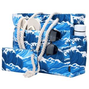 lot 20375 image: Kasqo Beach Bags for Women, 30L Large Waterproof Sandproof Zipper Beach Tote Pool Bags with Small Pouch for Travel Cruise Vacation, Sea Wave - Retail $28