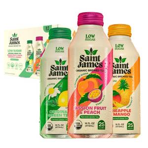 lot 20439 image: Saint James Organic Green Tea Variety, Low Sugar, 16 Oz, 12 Pack doesnt expire until July 2027 - Retail $36