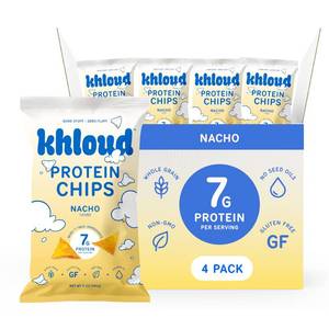 lot 20443 image: Khloud Protein Tortilla Chips(Khloe Kardashian) , Nacho, 7g Protein Snack, 5oz 4pk - Expires Aug 17 2026 - Retail $28