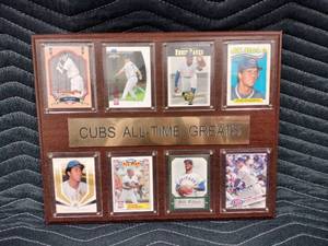 lot 61243 image: Chicago Cubs All-Time Greats 12 x 15 collectible wooden plaque featuring eight licensed trading cards