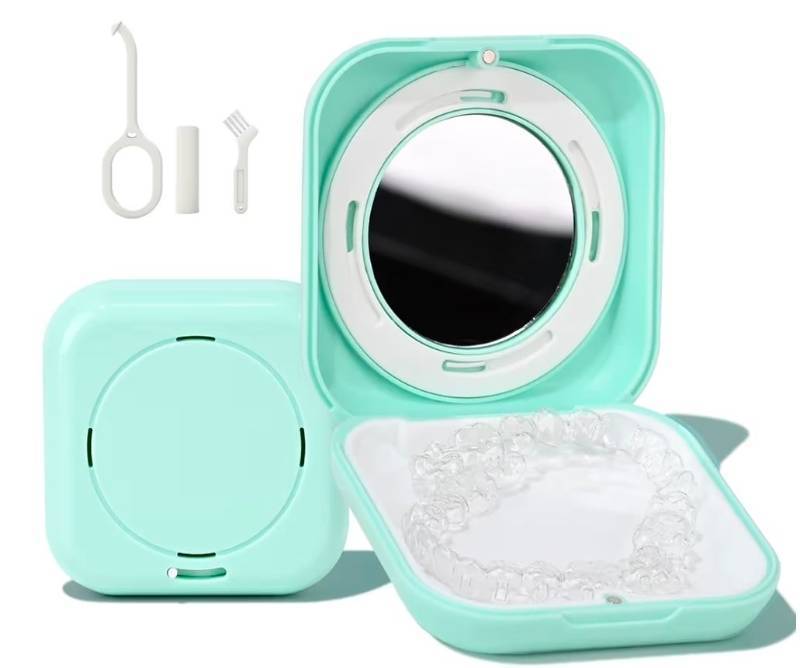 lot 17022 image: Retainer Case, Slim Aligner Case with Vent Holes, Compatible with Invisalign, Mouth Guard Case with Mirror, Cute Orthodontic Retainer Case with Retainer Removal Tool and Brush - Retail $9