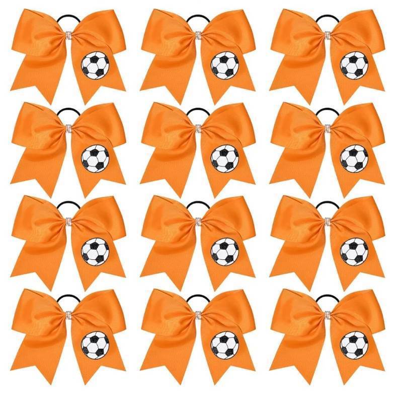 lot 38061 image: 12PCS Soccer Bows 8 Soccer Cheer Bow Large Girls Hair Bows Cheerleading Bows Bulk Elastic Band Ponytail Holder for Teen College Football Competition-Orange - Retail $16