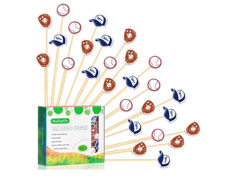 lot 38068 image: Baseball Cocktail Picks 5 Baseball End Decorative Toothpick Skewers Sticks for Appetizers Sandwich Food, Baseball Champions League Sports Catered Event Birthday Decorations Themed Party Supplies - Retail $9