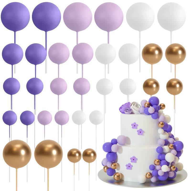 lot 38078 image: 32 Pcs Ball Cake Topper Decorations Mini Balloons Cake Topper Sticks Foam Balls Cake Picks Cake Topper Balls Cake Decorations for Wedding Party Birthday Cake Decorating (Purple Gold) - Retail $10