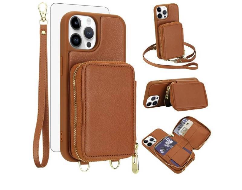 lot 38103 image: Phone Case for iPhone 15 Pro 6.1 inch Wallet Cell Cover with Tempered Glass Screen Protector Wrist Crossbody Strap Lanyard Stand RFID Blocking Credit Card Holder i Phone15 i15 15Pro Women Girls Brown - Retail $20