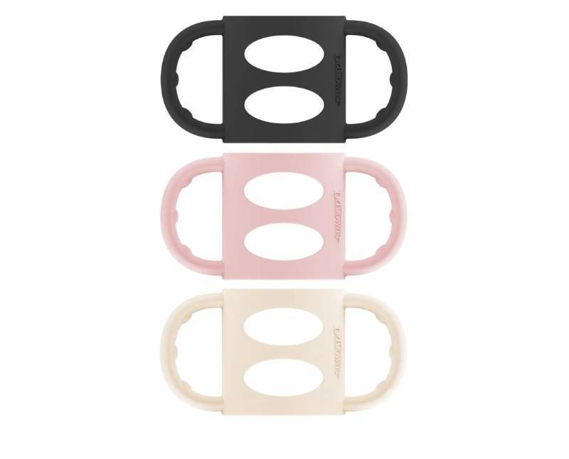 lot 38140 image: Dr. Browns Narrow Baby Bottle Handles, 100% Silicone, Easy Grip Removable Handles for Bottle to Sippy Cup Transition, BlackEcruPink, 3-Pack, 4m - Retail $9