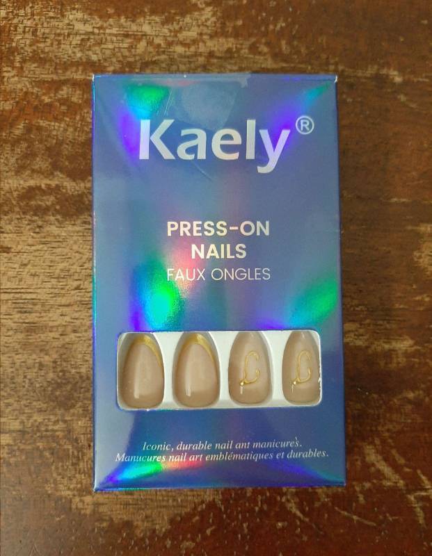 lot 38148 image: 3D Letter K Birthday Press On Nails, Gold French Tip Extra Short Square Reusable Soft Gel Fake Nails,Trendy Personalized Glossy Acrylic False Nails Personalized Gift for Women Birthday Party - Retail $8