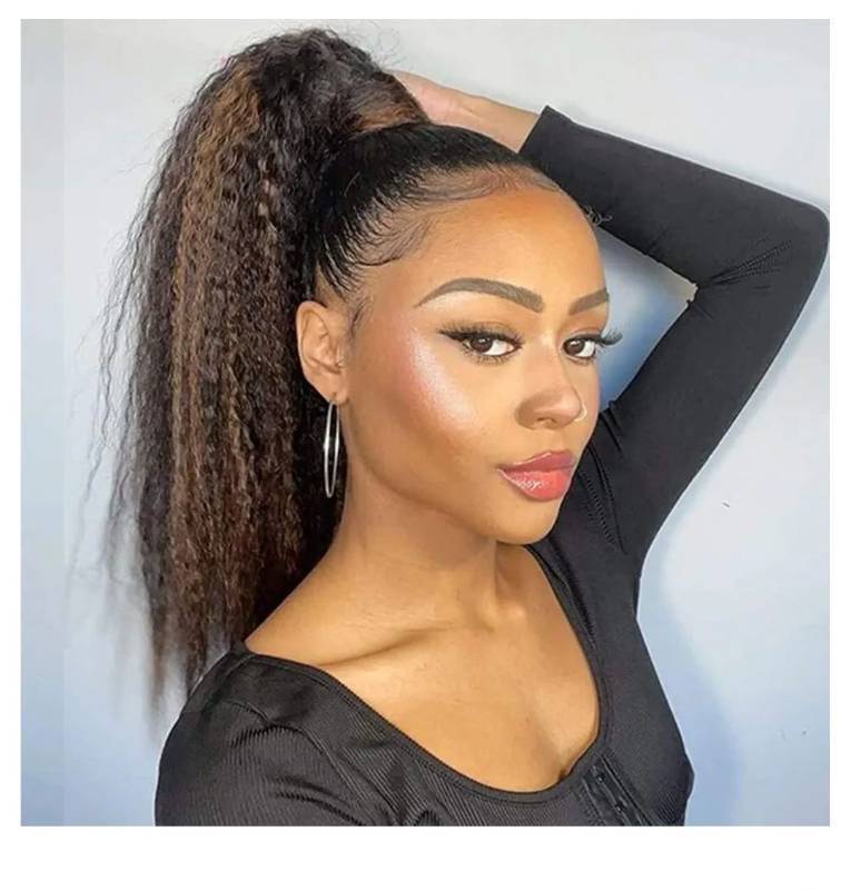 lot 38150 image: Ponytail Extension 14 inch Yaki Drawstring Ponytails for Black Women Short Natural Mixed Highlight Brown Kinky Straight Drawstring Natural Hair Ponytail (14 Inch, P2-27#) - Retail $16