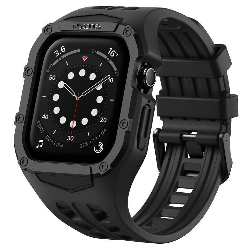 lot 38202 image: Rugged Case with Band for Apple Watch Series 987654SE 3SE 2SE 44mm45mm, Breathable TPU Sport Strap  PC Protective Bumper, Shock-Resistant, Sweat & Water-Resistant (Black) - Retail $17