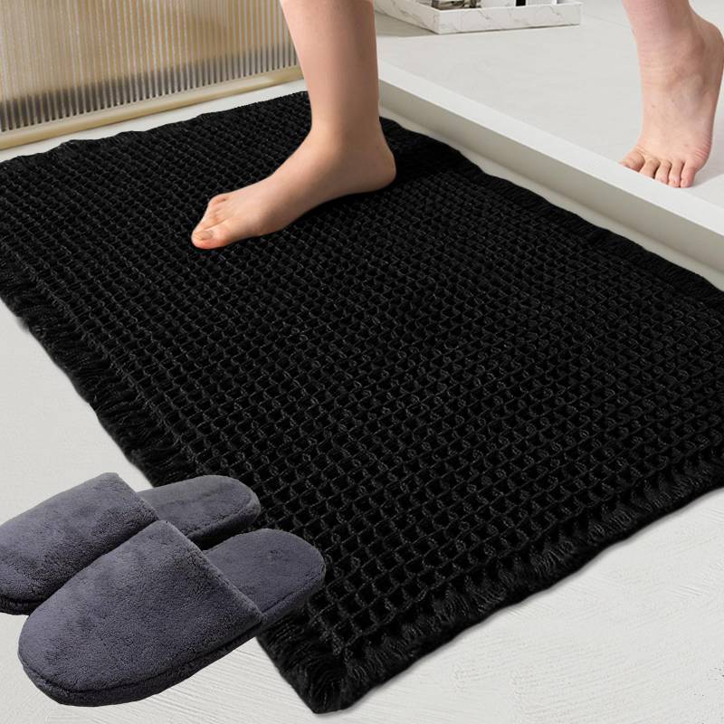 lot 56094 image: Waffle Bath Mat Black Super Absorbent Non Slip Bathroom Rug, Rhombus Geometric 18x30inch,Machine Washable Ultra Soft Floor Mats - Retail $68