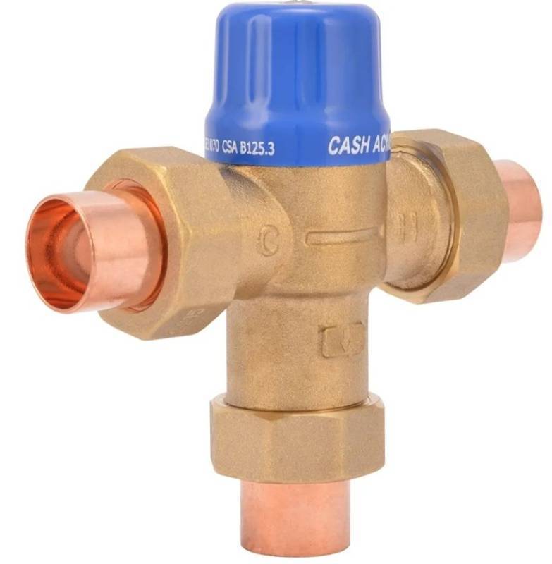 lot 72504 image: Cash Acme 34 Inch HG110-D Sweat Thermostatic Mixing Valve with Barb Connections and Integral Checks, Brass Plumbing Fitting, 24502 - Retail $91