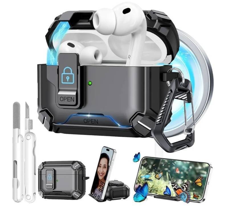 lot 72568 image: Airpods Pro 3 Case (2025), with Safety Lock & Phone Stand for Apple AirPods Pro 3rd Generation Case Cover with Cleaning & Keychain, Shockproof & Anti-Scratch, Auto-Open - Retail $16