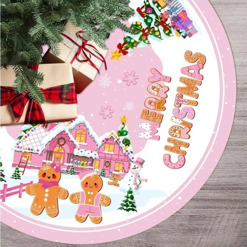 lot 72574 image: Gingerbread Tree Skirt 48 Inch Pink Christmas Tree Mat Large Xmas Christmas Gingerbread Man Tree Skirt for Winter Xmas New Year Party Decor - Retail $13
