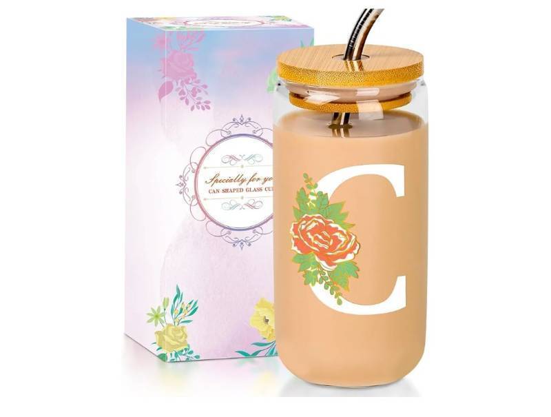 lot 37613 image: Initial Glass Cup with Lid and Straw Color-changing Monogrammed Gifts for Women 16 oz Iced Coffee Drinking Glass Tumbler Personalized Christmas Thanksgiving Birthday Gifts