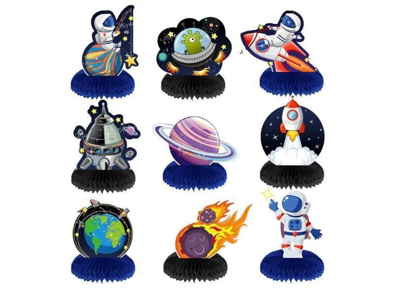 lot 37641 image: 9 Pcs Outer Space Honeycomb Centerpiece Decorations Astronaut Rocket Planet UFO Birthday Table Toppers Galaxy Double Sided Table Decorations for Back to School Solar System Party Supplies - Retail $9