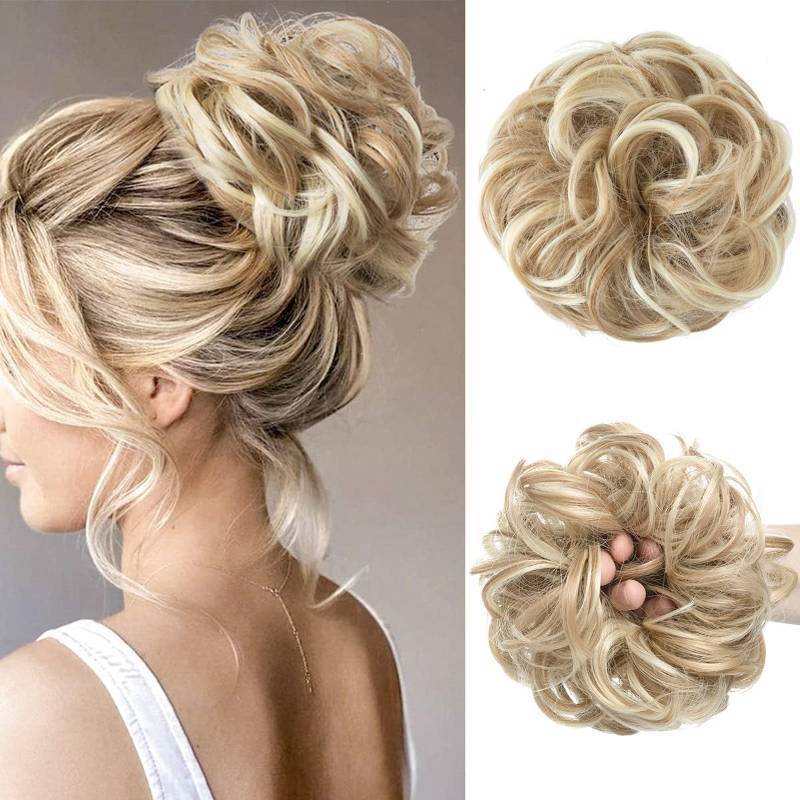 lot 37749 image: Large Messy Bun Hair Piece Wavy Curly Scrunchies Synthetic Chignon Ponytail Hair Extensions Thick Updo Hairpieces for Women Dirty Blonde - Retail $10