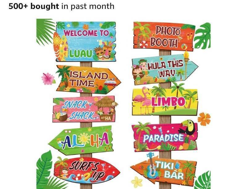 lot 46672 image: 20 Pieces Luau Party Decorations Hawaiian Party Welcome Sign Summer Tropical Party Direction Signs for Fiesta Hawaiian Luau Tiki Themed Birthday Wedding Party Supplies with 2 Sheet Stickers - Retail $10