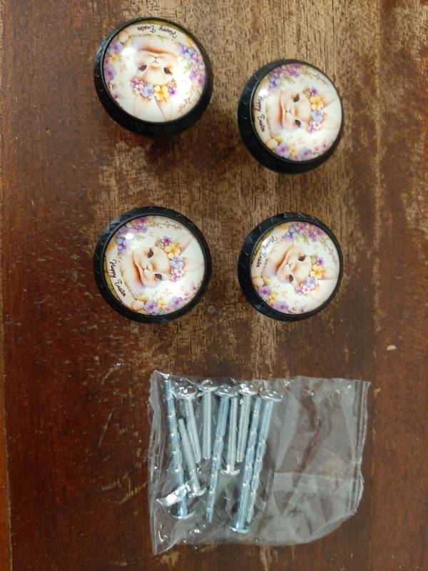 lot 16743 image: 4 Pack Bunny with Happy Easter Ribbon Cabinet Knobs Round Drawer Pulls Black Dresser Knob Cupboard Door Handles Hardware for Kitchen Bathroom Cabinets - Retail $15