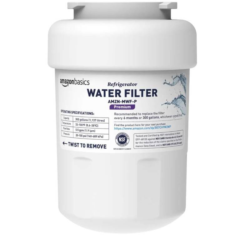 lot 16781 image: Amazon Basics Replacement Water Filter Cartridge Compatible with GE MWF Refrigerator, Easy to Install, NSFANSI 42 Certified, Reduces Lead, 1-Pack - Retail $15