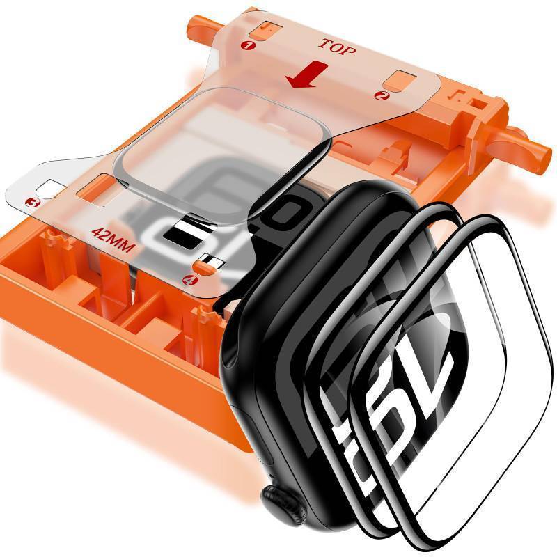 lot 16784 image: 2 Pack Tempered Glass Screen Protector for Apple Watch Series 11 Series 10 42mm, Zero Bubble 3D Full Coverage Strong Adhesion Waterproof Film with Automatic Align Tech iWatch Accessories - Retail $18