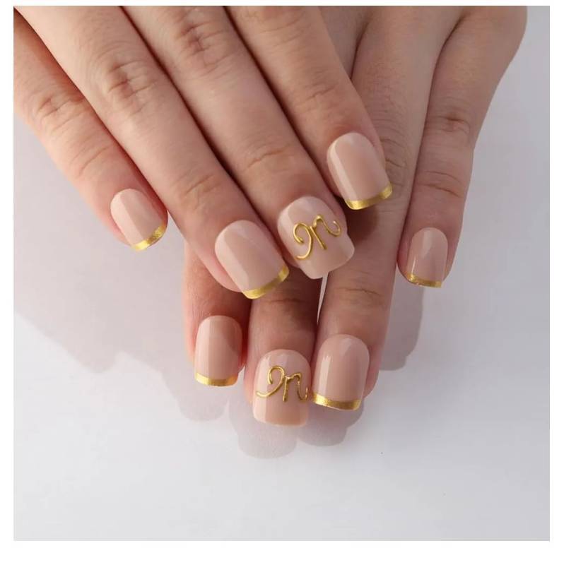 lot 16821 image: 3D Letter M Birthday Press On Nails, Gold French Tip Extra Short Square Reusable Soft Gel Fake Nails,Trendy Personalized Glossy Acrylic False Nails Personalized Gift for Women Birthday Party - Retail $8