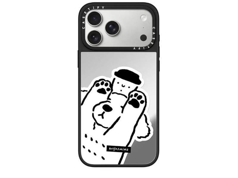 lot 16858 image: CASETiFY Mirror iPhone 17 Pro Max Case, 4.9 ft. 1X Military Grade Drop Protection - Dog Loves Coffee - Silver On Black - Retail $54