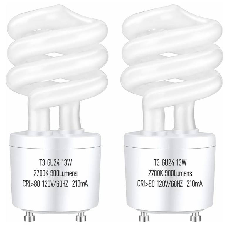 lot 16865 image: 13Watt 2700K 900lm CFL Light Bulbs, T3 Spiral Gu24 Base 2 Prong (60W Equivalent) Soft White Compact Fluorescent Light Bulbs, UL Approved, 120v 60Hz, Self Ballasted, Indoor Use (2 Pack) - Retail $13