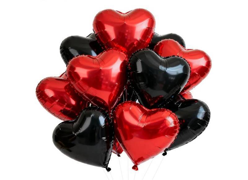 lot 16917 image: 4 Red Hearts, 4 Black, and 2 Red Bowtie, 18 Inch Red Black Heart, Valentines Day Heart Shape Foil Mylar Balloons Decoration for Romantic Valentines Day Wedding Bridal Shower Anniversary Engagement Party Supplies - Retail $10
