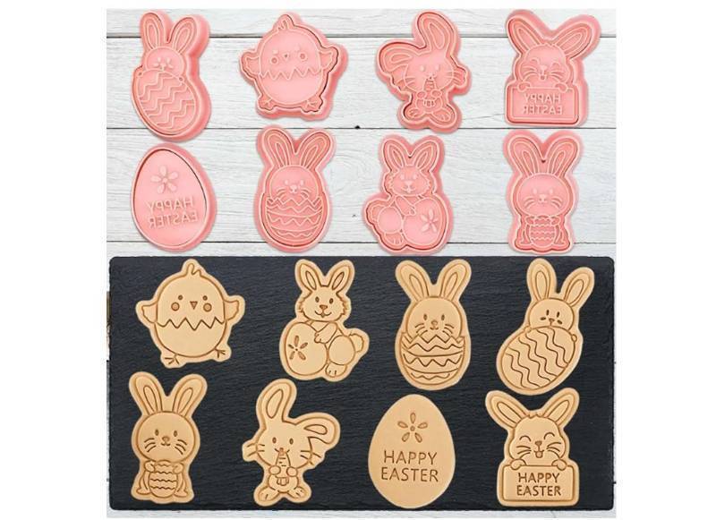 lot 16935 image: 8 Mini Bunny Cookie Cutters, 3d Raised Cute Rabbit Design Cookie Stamps, Mini Funny Easter Egg Molds, Easters Ornament Cookie Cutter Set - Retail $8
