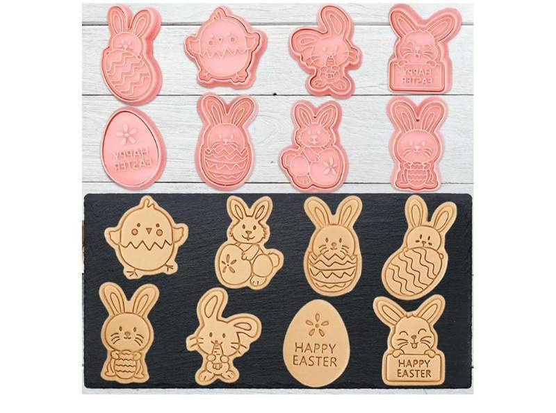 lot 16938 image: 8 Mini Bunny Cookie Cutters, 3d Raised Cute Rabbit Design Cookie Stamps, Mini Funny Easter Egg Molds, Easters Ornament Cookie Cutter Set  - Retail $0