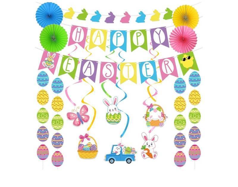 lot 16948 image: Easter Decorations Set, Pre-strung Happy Easter Decorations Includes Happy Easter Banner Bunny Egg Garland Paper Fans Hanging Swirls Easter Decor for Home Office Classroom Spring Easter Party Supplies - Retail $12