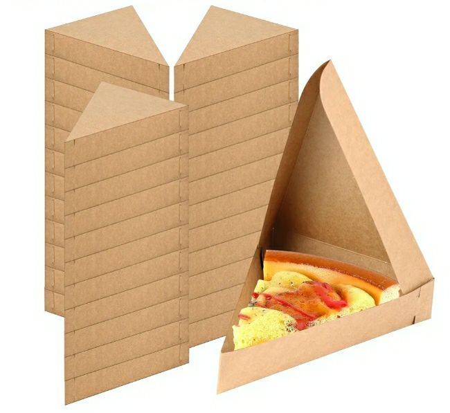 lot 58522 image: 100 Pcs Pizza Slice Box 9.65 x 7.28 x 1.77 Inch Bulk Disposable Single Slice Wedge Tray Paperboard Triangle Pizza Container Boxes Holder Container for Birthday (Kraft Color) - Retail $29