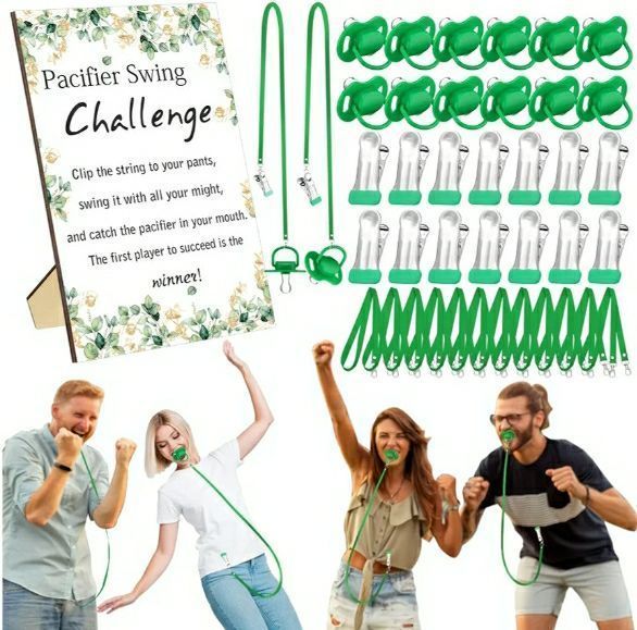 lot 58538 image: 12 Sets Swing Pacifier Baby Shower Games Funny Gender Reveal Games, Include 1 Wooden Sign and 12 Plastic Pacifiers for Bridal Baby Shower Gender Reveal Party Women Men(Eucalyptus,Greenery) - Retail $20