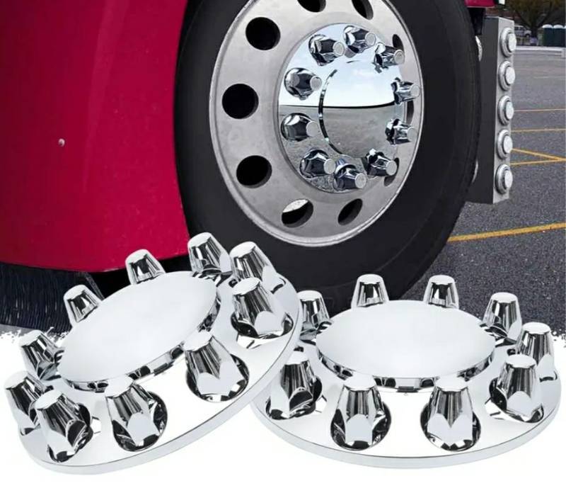 lot 58593 image: Axle Wheel Covers for Semi Truck - 2 Front Hub Covers with 33mm Thread-On Chrome Lug Nut Covers for Semi Truck. - Retail $58